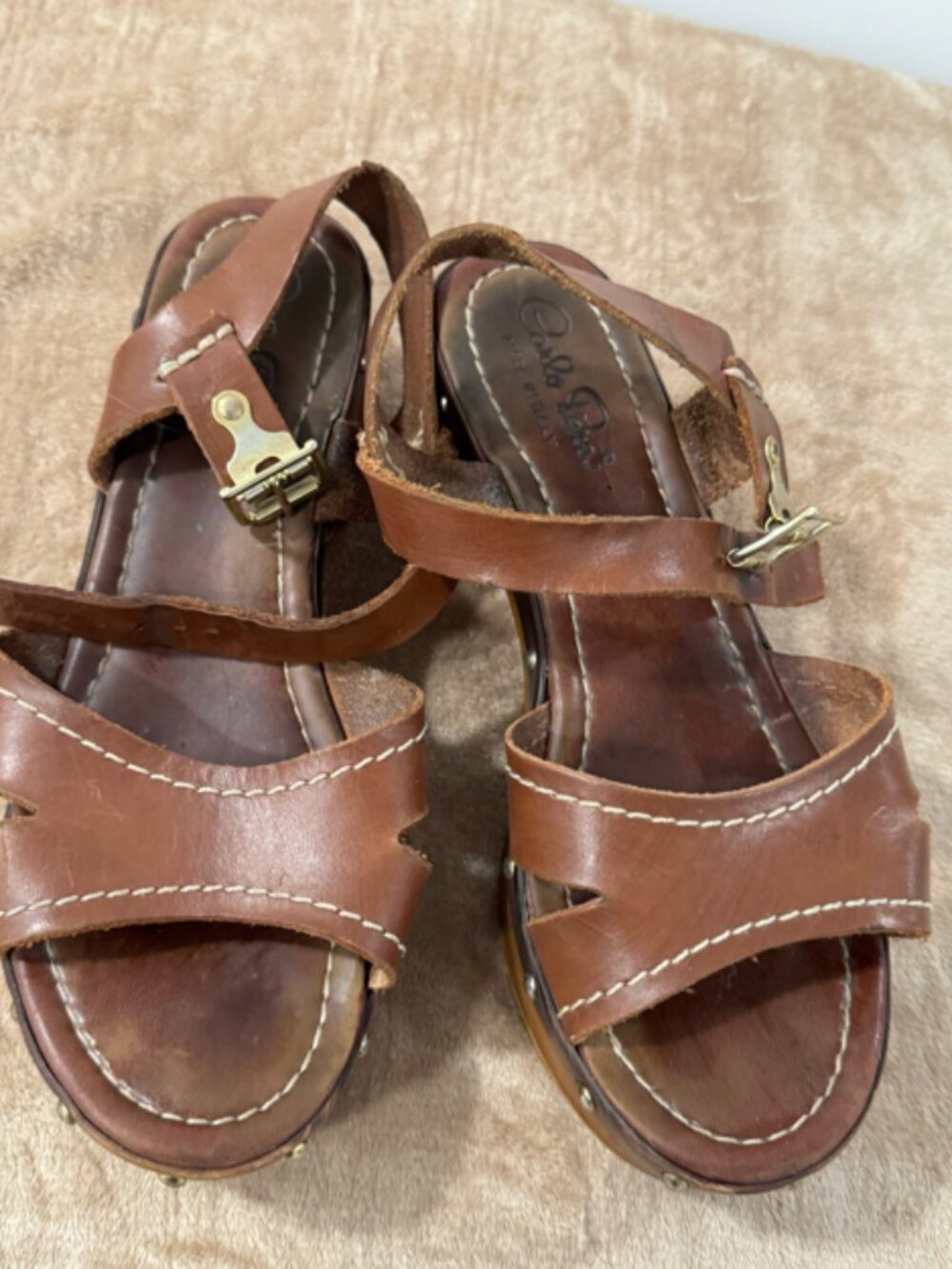 Brown Leather Clog Sandals with Wooden Platform and Studs